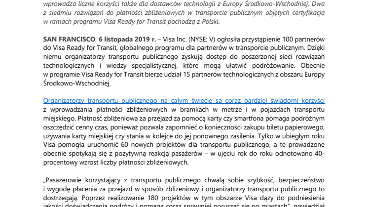 Visa rozwija program dla partnerów w transporcie publicznym, aby pasażerowie na całym świecie mogli wygodniej podróżować