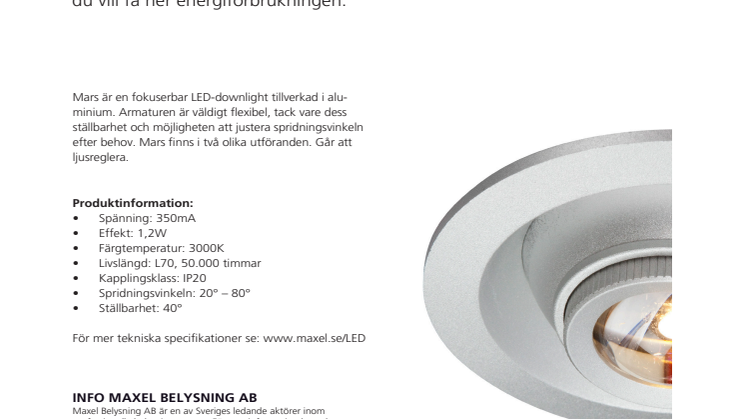 Maxel presenterar Mars, en fokuserbar LED-Downlight