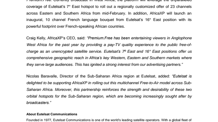 Eutelsat selected by AfricaXP for DTH satellite services across Sub-Saharan Africa  