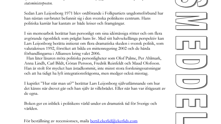 Ny bok: Kris och framgång - mitt halvsekel i politiken av Lars Leijonborg