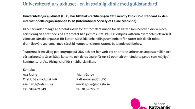 ​Universitetsdjursjukhuset - en kattvänlig klinik med guldstandard! 
