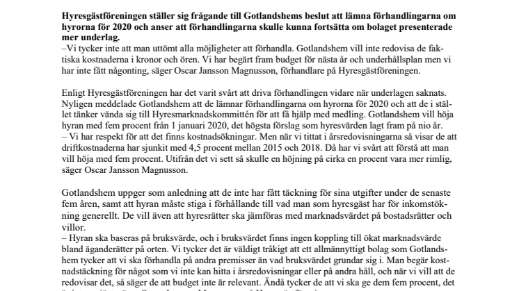 Hyresgästföreningen om Gotlandshems beslut att lämna förhandlingarna: ”De har inte presenterat något underlag att förhandla om”
