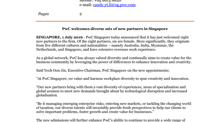 PwC welcomes diverse mix of new partners in Singapore