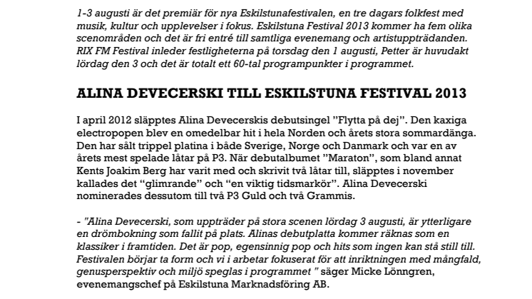 Alina Devecerski till Eskilstuna Festival 2013