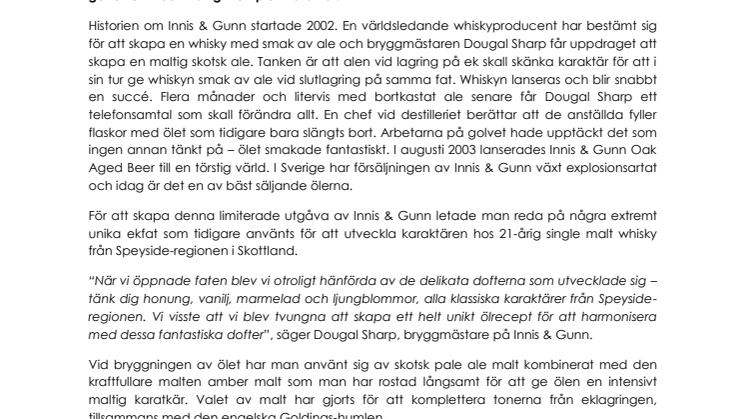 Ny limiterad utgåva från Innis & Gunn – öl lagrad på unika 21-åriga whiskyfat