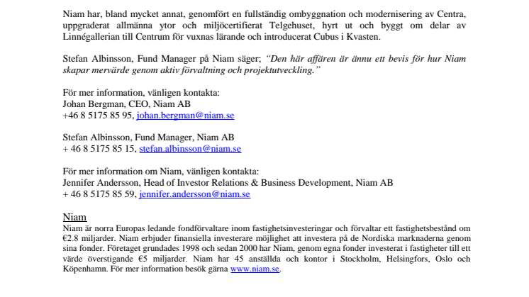 Niam säljer sju köpcentrum i miljardaffär