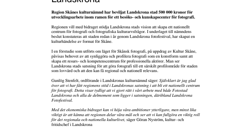 Kultur Skåne stödjer Fotostad Landskrona 