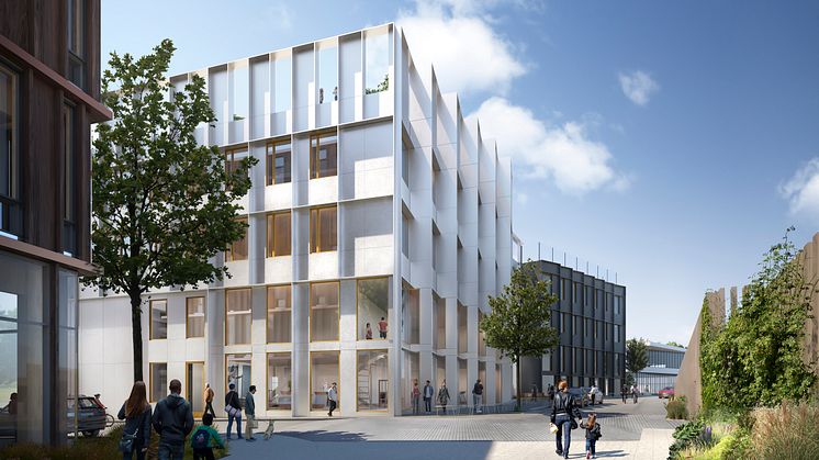 Indigo. Visualisering av byggnaden Indigo där SATS kommer etablera i Nya Hovås. Ritat av White Arkitekter.