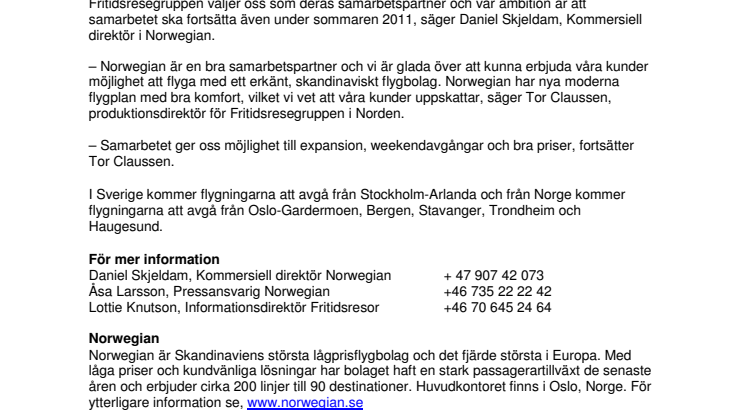 Norwegian och Fritidsresegruppen har ingått avtal 