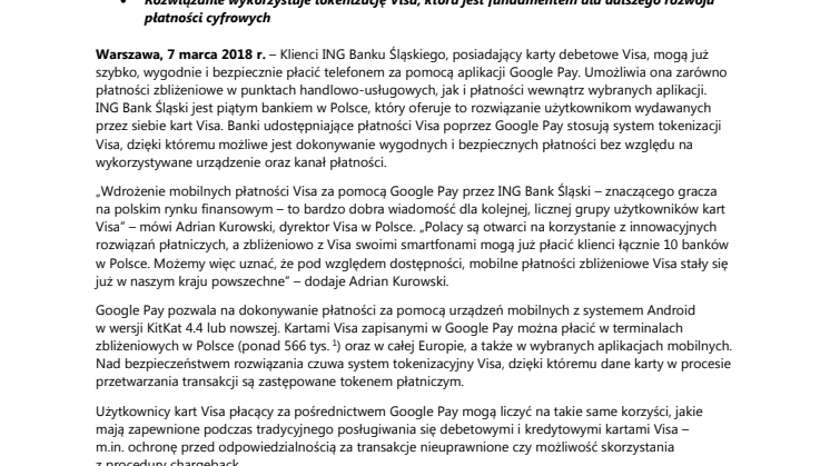 Płatności Visa poprzez Google Pay dostępne dla klientów ING Banku Śląskiego
