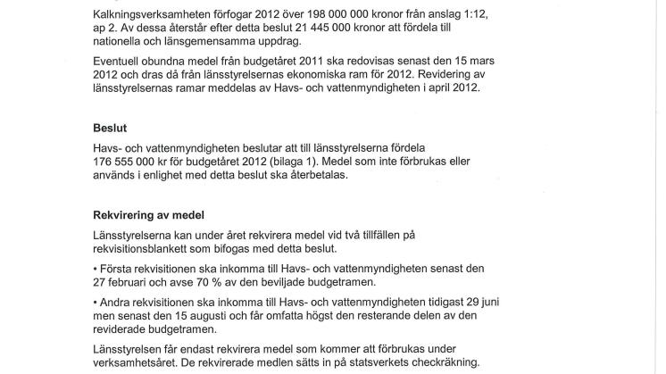 Kalkning - beslut om stöd till länen 2012