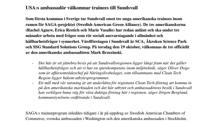 USA:s ambassadör välkomnar trainees till Sundsvall 