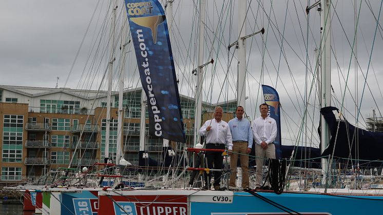Coppercoat's Ewan Clark and Jason Kenny with Clipper's Head of Fleet Maintenance, Simon Johnston.