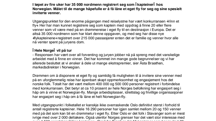 "Vinn et fly"-konkurransen: 35 000 nye "kapteiner" i Norwegian