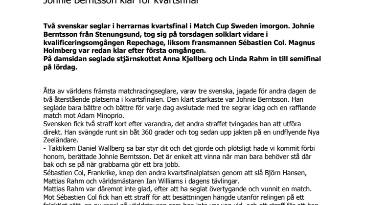 Fyra svenskar till finalerna i Match Cup Sweden, Johnie Berntsson klar för kvartsfinal