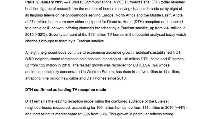 Eutelsat key video satellites broadcasting TV into 274 million homes in Europe, North Africa, Middle East