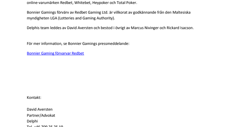 Delphi har biträtt Bonnier Gaming vid förvärvet av Redbet