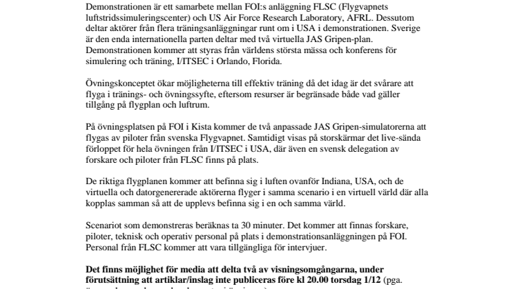 Pressinbjudan: FOI i unik övning med flygsimulatorer