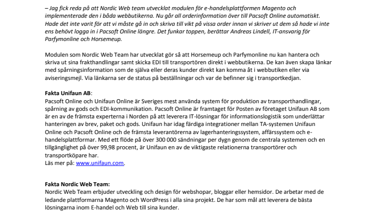 Horsemeup.se och Parfymonline.se sparar tid med integrerat TA-system