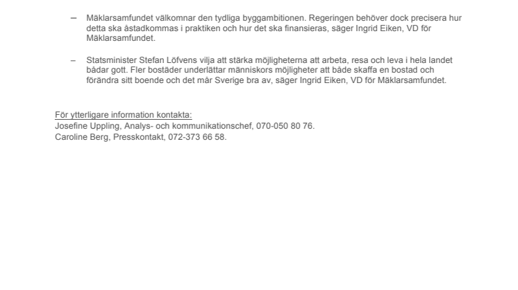 Mäklarsamfundets kommentar om bostäder i regeringsförklaringen