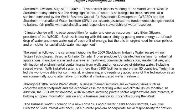 Private sector takes up challenge of balancing profits and responsible stewardship at 2009 World Water Week