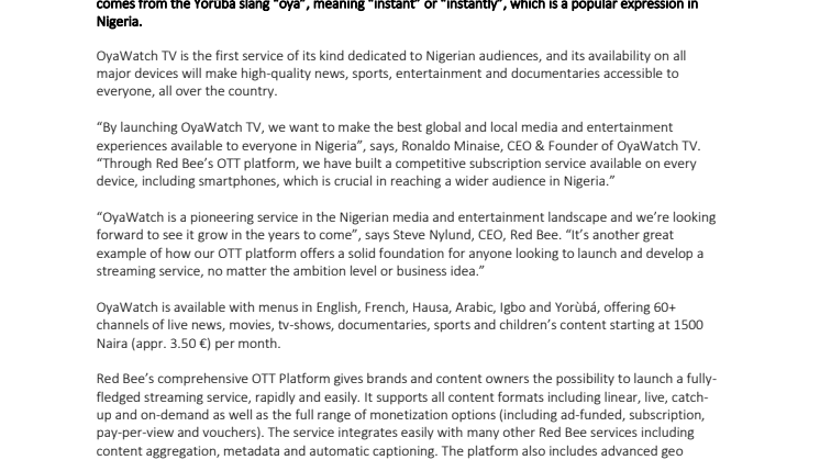 OyaWatch TV is Launched in Nigeria on Red Bee's OTT Platform - Aiming to Become the Country's Number One Media & Entertainment Service