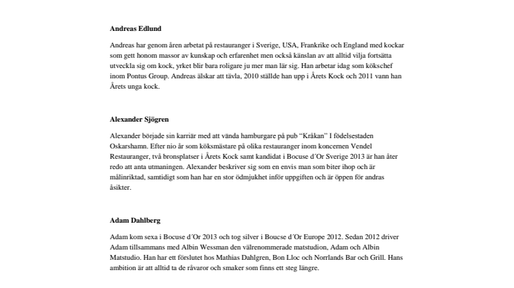 Kandidater Bocuse d´Or Sverige 2015