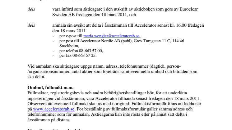 KALLELSE TILL ÅRSSTÄMMA I ACCELERATOR NORDIC AB (PUBL)
