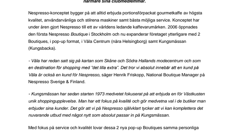 Nespresso öppnar pop-up Boutique i Väla Centrum samt Kungsmässan