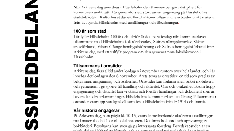 Tillsammans i orostider – 100-årsfirande vid Arkivens dag den 8 november