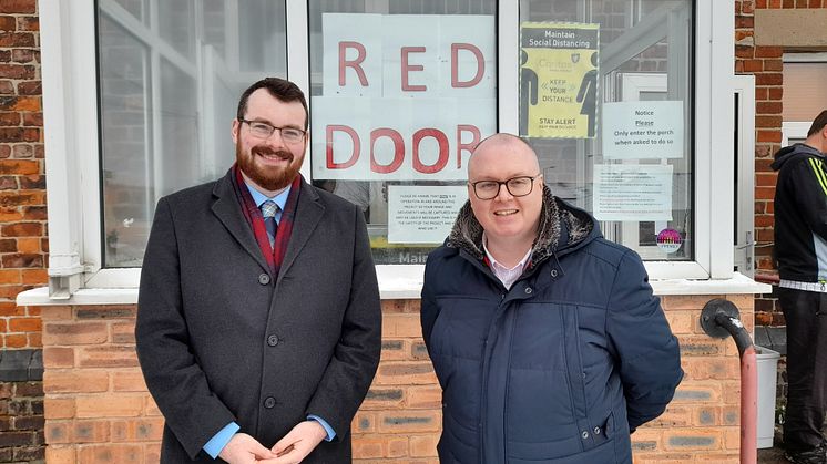 Council leader Eamonn O’Brien at the Caritas Red Door project in Bury with Caritas director Patrick O’Dowd.