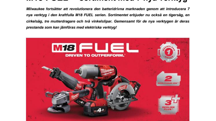 Milwaukee utökar sitt testvinnande M18 FUEL™ sortiment med 7 nya verktyg