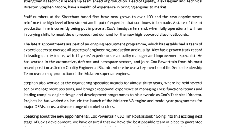 Cox Senior Appointments Underpin Outstanding Expertise