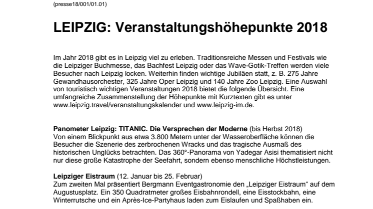 LEIPZIG: Veranstaltungshöhepunkte 2018