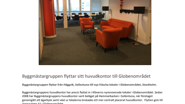 ​Byggmästargruppen flyttar sitt huvudkontor till Globenområdet