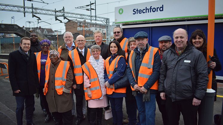 West Midlands Mayor, Andy Street with a local poetry group and station adopters at Stechford station