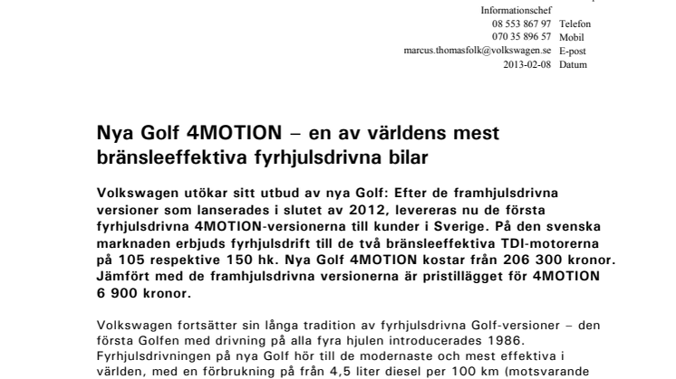 Nya Golf 4MOTION – en av världens mest bränsleeffektiva fyrhjulsdrivna bilar 
