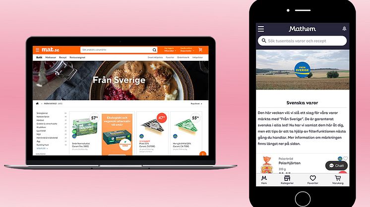 Mat.se och Mathem har tagit initiativ för att göra det enkelt att hitta Från Sverige-märkta varor i online-butikerna. Med tydligt ursprungsmärke vid produkten och sortering är det enkelt att hitta och välja Från Sverige-märkta varor. 