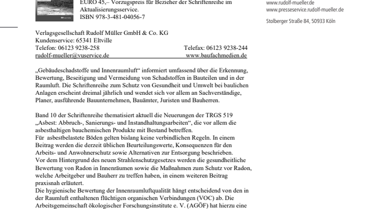 Gebäudeschadstoffe und Innenraumluft, Band 10