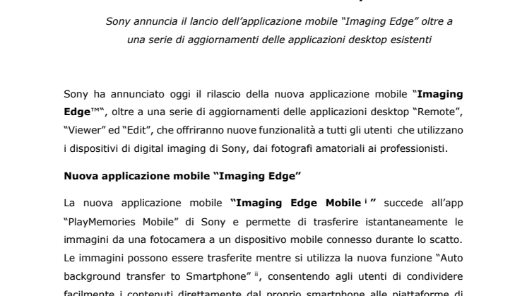 Nuovo software “Imaging Edge”: migliora la connettività mobile e aumenta le possibilità creative delle fotocamere di Sony 