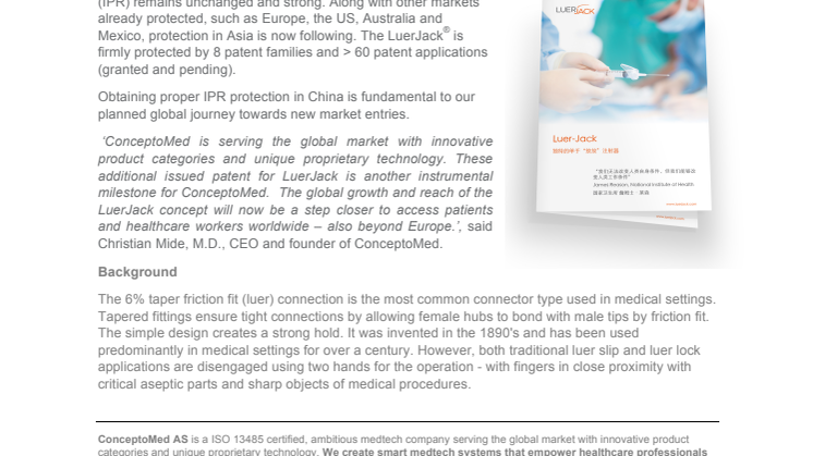 Chinese Patent issued for LuerJack