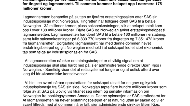 SAS må betale Norwegian nærmere 175 millioner kroner for industrispionasje