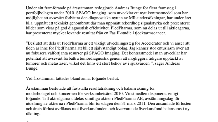 Kommuniké från årsstämman i Accelerator