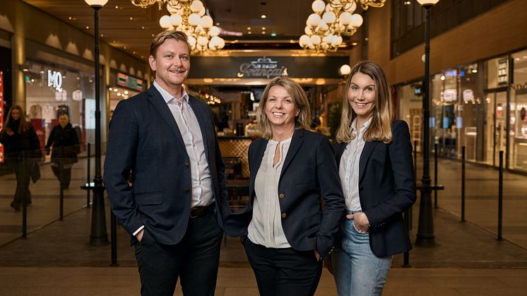 Jesper Berglund, tillträdande förvaltningschef, Helena Lindqvist, vd, Sanna Dahl, tillträdande marknadschef Nordstan
