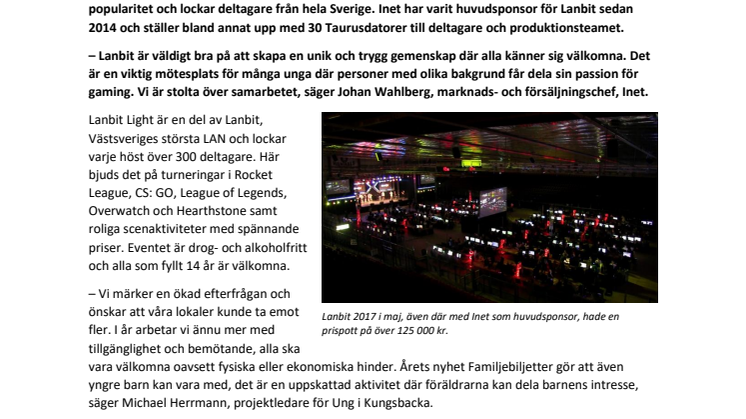 ”Lanbit Light i Kungsbacka är  e-sportfesten alla är välkomna till” 