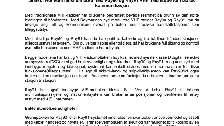 Raymarine: Snakk hvor som helst om bord med Ray90 og Ray91 VHF med støtte for trådløs kommunikasjon