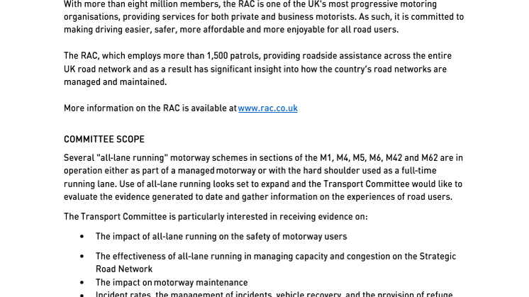 RAC submission to the Transport Select Committee inquiry into all lane running