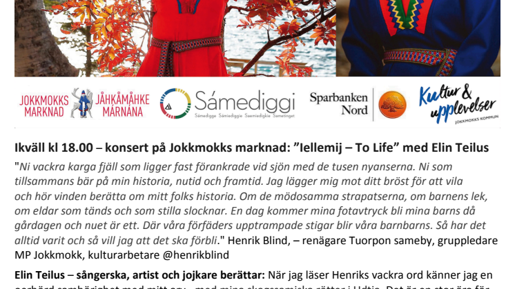 Ikväll kl 18.00 – konsert på Jokkmokks marknad: ”Iellemij – To Life” med Elin Teilus