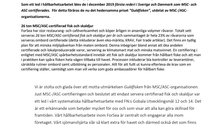 ForSea erkänns för sina ambitiösa hållbarhetsmål och föräras med MSC-/ASC:s prestigefyllda pris − Guldfisken