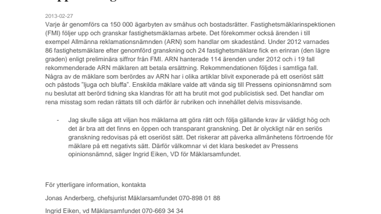 Pressens opinionsnämnd kritisk till medias rapportering om mäklare